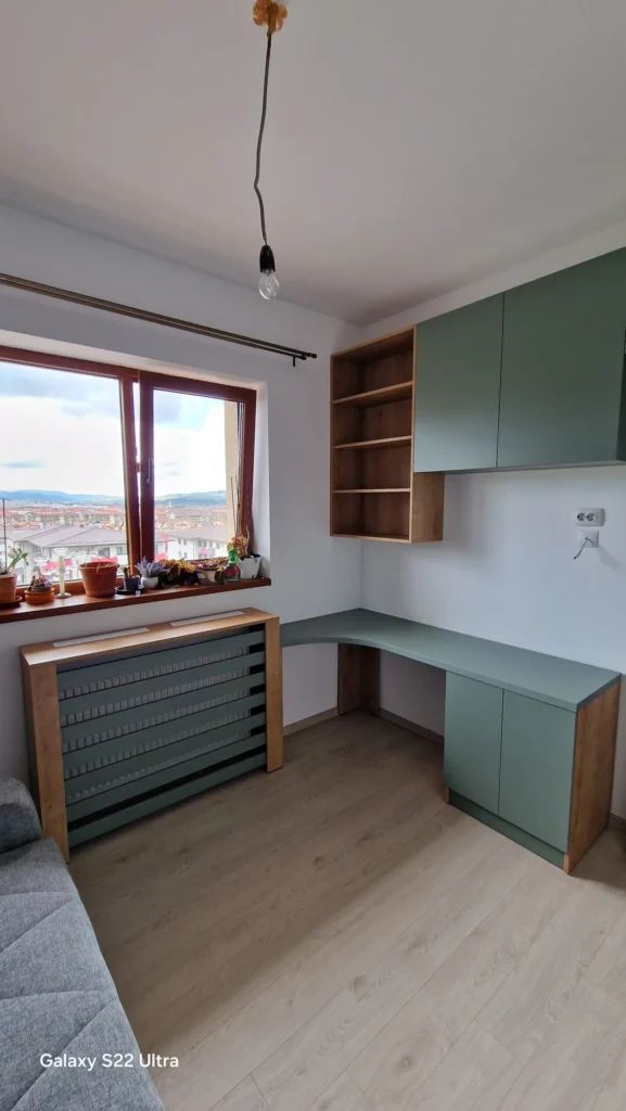 Mobilier verde și lemn cu birou și depozitare pentru camera unui adolescent