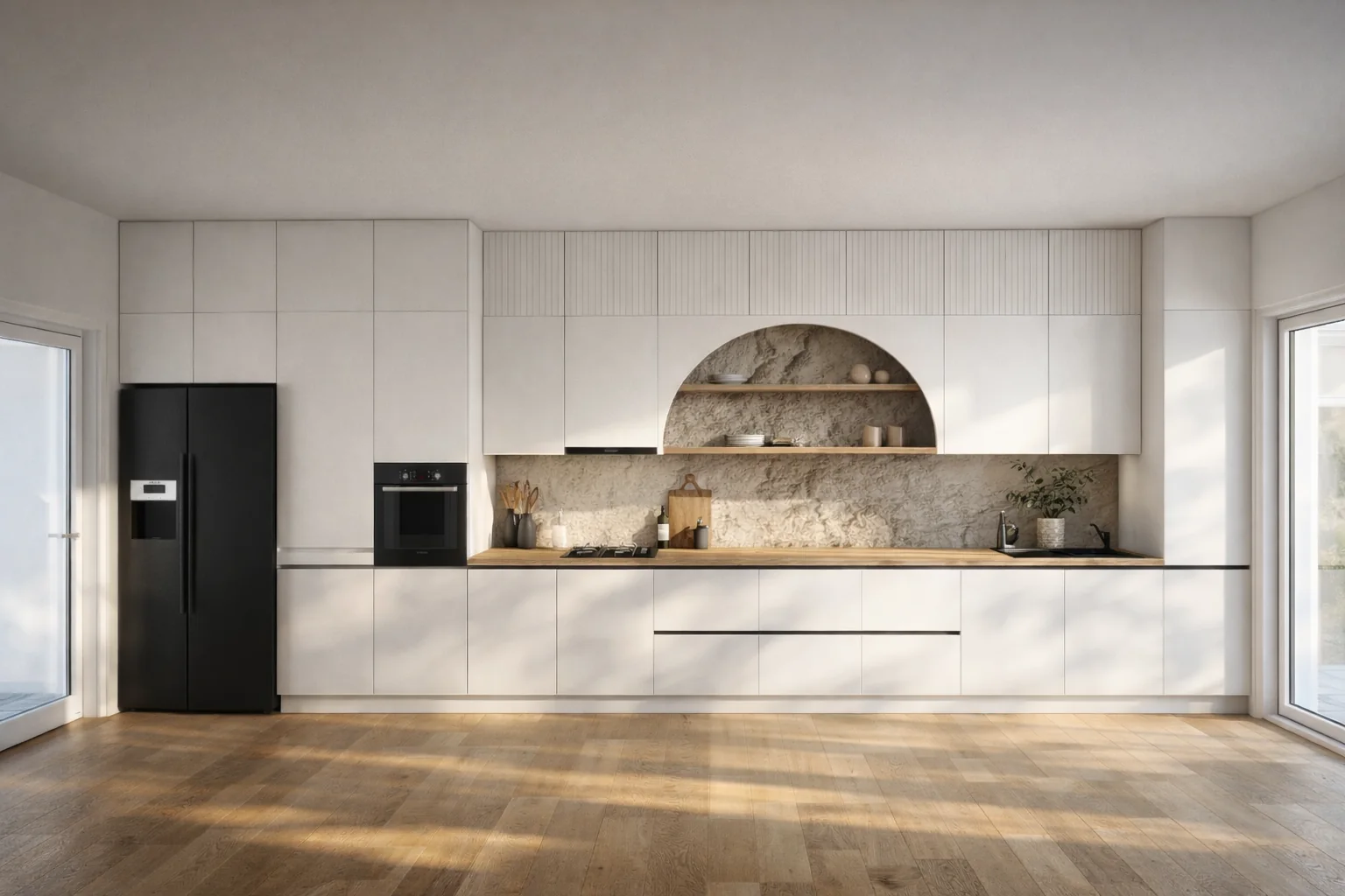 Proiect 3D bucătărie albă liniară cu nișă arcuită și electrocasnice negre