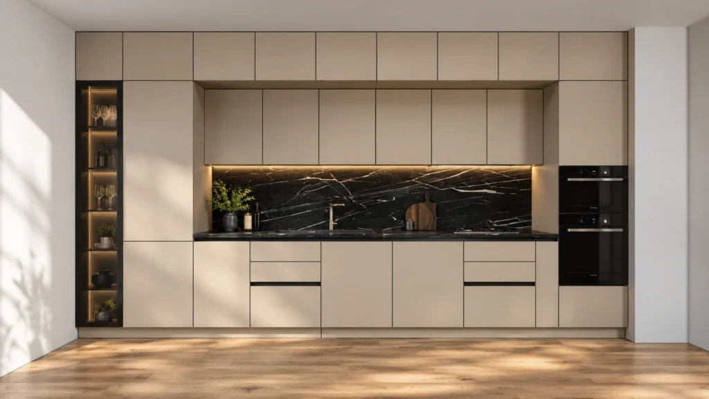 Randare frontală pentru bucătărie modernă cu mobilier până la tavan și vitrină iluminată