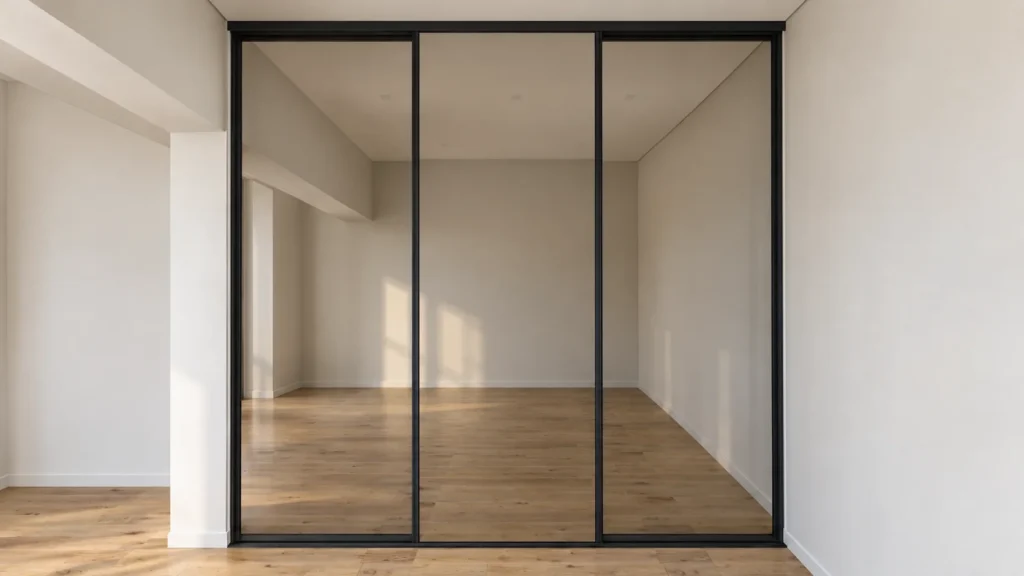 Proiect 3D dressing cu trei uși glisante din sticlă și profile negre