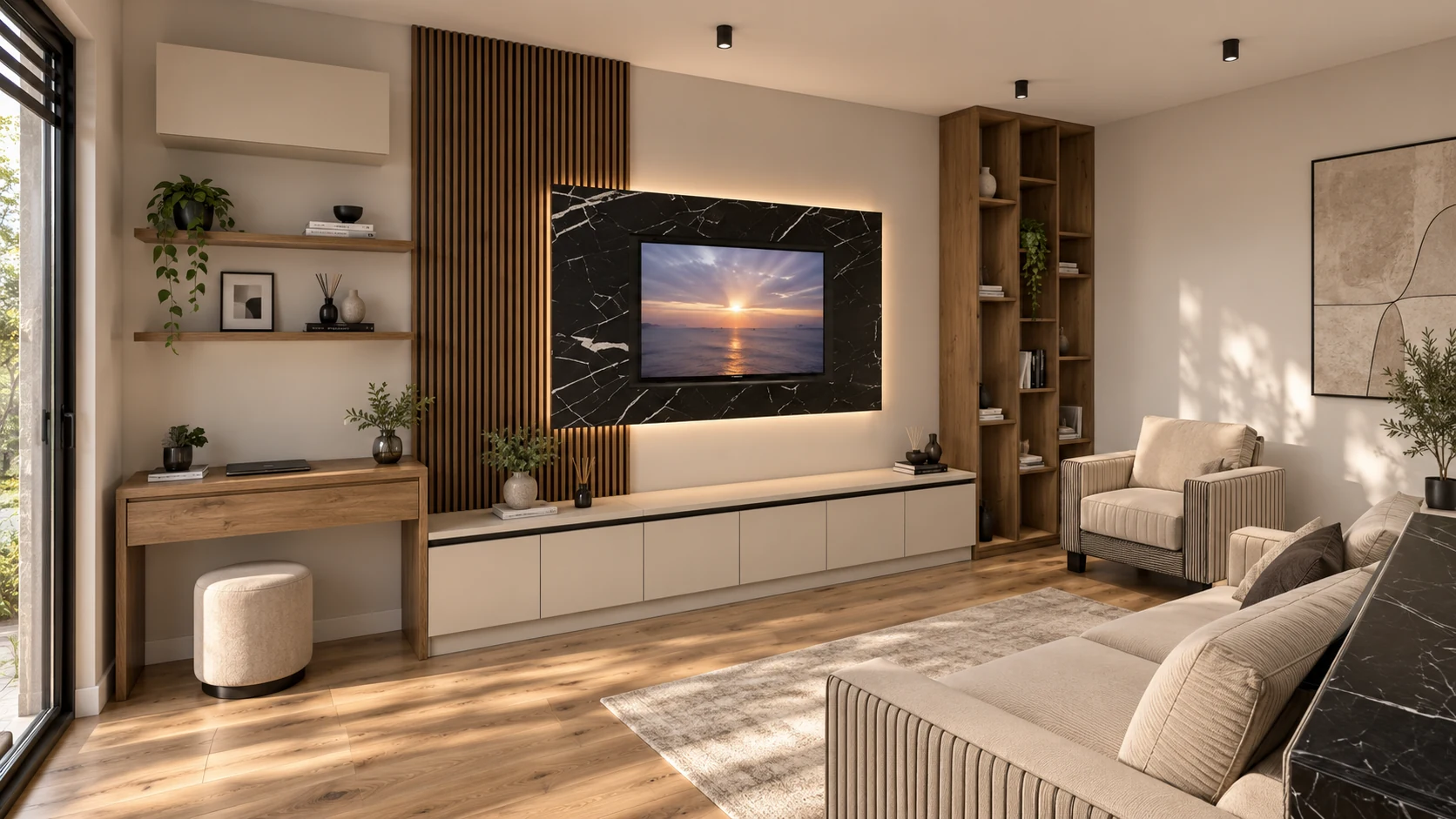 Proiect 3D living modern cu zonă TV, riflaje, bibliotecă și accente de lemn