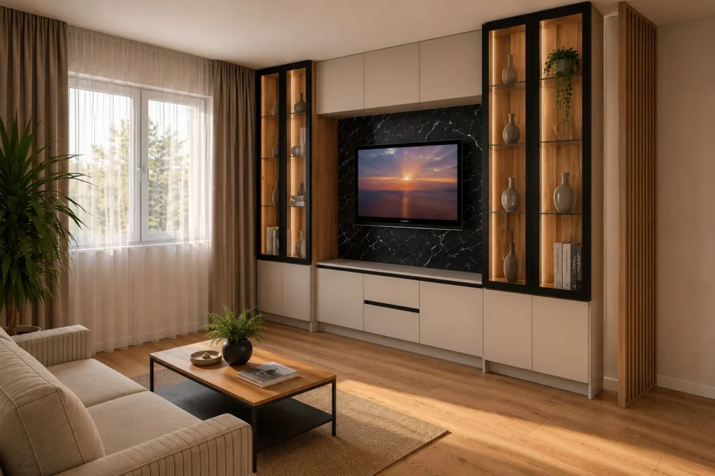 Proiect 3D living modern cu zonă TV și vitrine înalte iluminate
