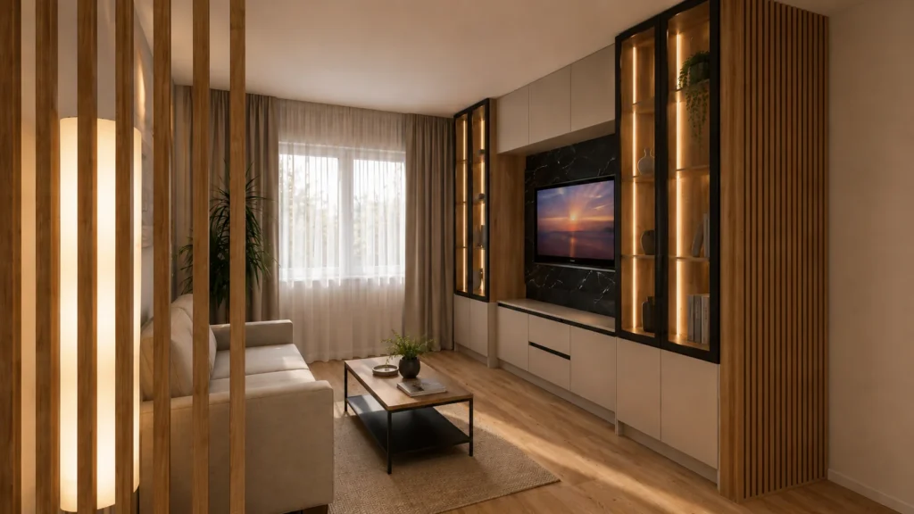Randare living cu vitrine iluminate, panou TV cu aspect de piatră și riflaje din lemn